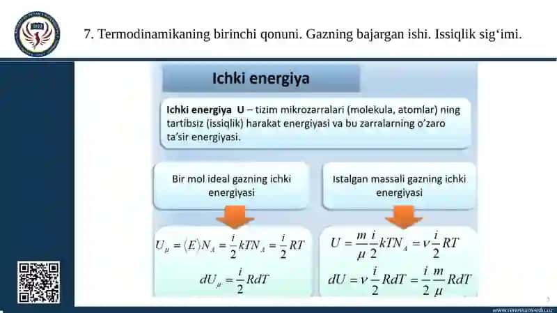 Termodinamikaning birinchi qonuni. Gazning bajargan ishi. Issiqlik sig‘imi 3