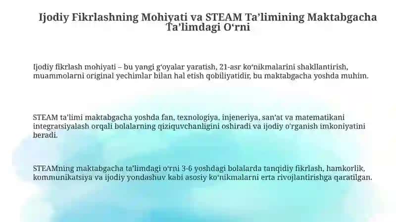 Ijodiy Fikrlashning Mohiyati va STEAM Ta’limining Maktabgacha Ta’limdagi O‘rni 3