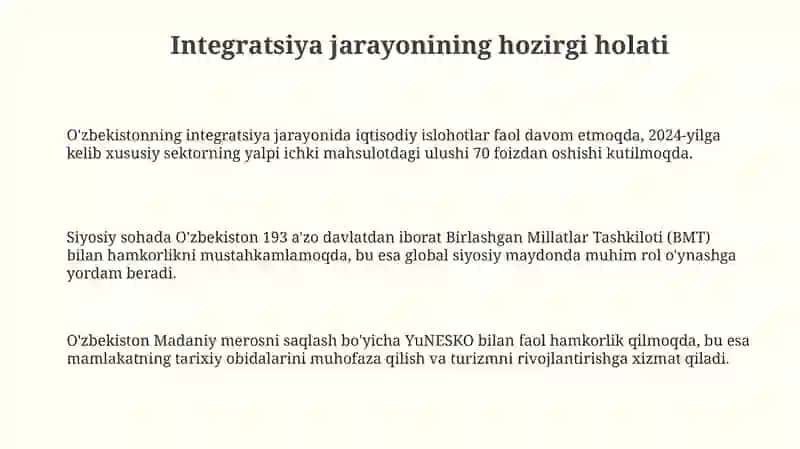 O’zbekiston jahon xamjamiyati bilan integratsiya jarayonini kuchayuvi maqsad vazifalari 3