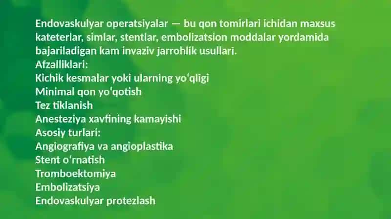 Endovaskulyar operatsiyalar. Oʻmrov osti va son venalarini punksiya qilish va katetirlash.  Mikroxirurgik texnika. Transplantologiya mikroxirurgiyaning qoʻllanilishi 3