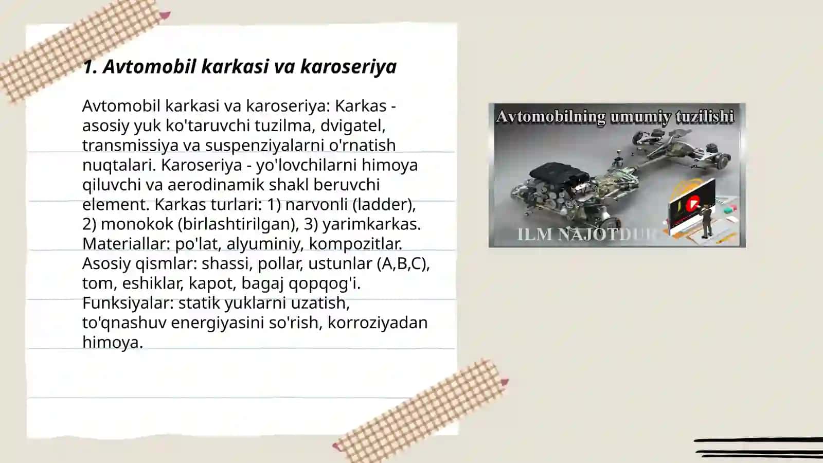 Avtotransport tuzilishi umumiy qisimlari 3