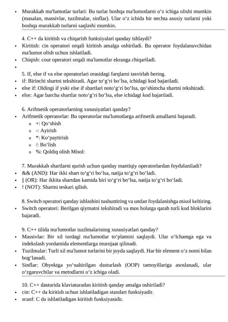 Dasturlash I fanidan yakuniy nazoratning nazariy savollari 3