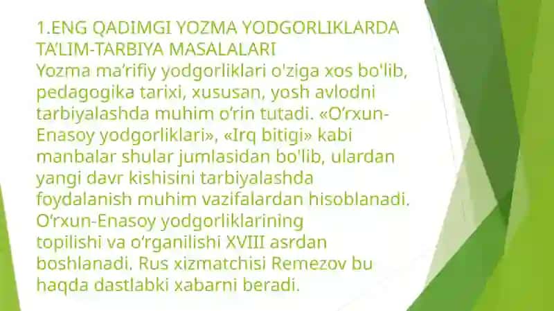 ENG QADIMGI YOZMA YODGORLIKLARDA TA’LIM-TARBIYA MASALALARI 3