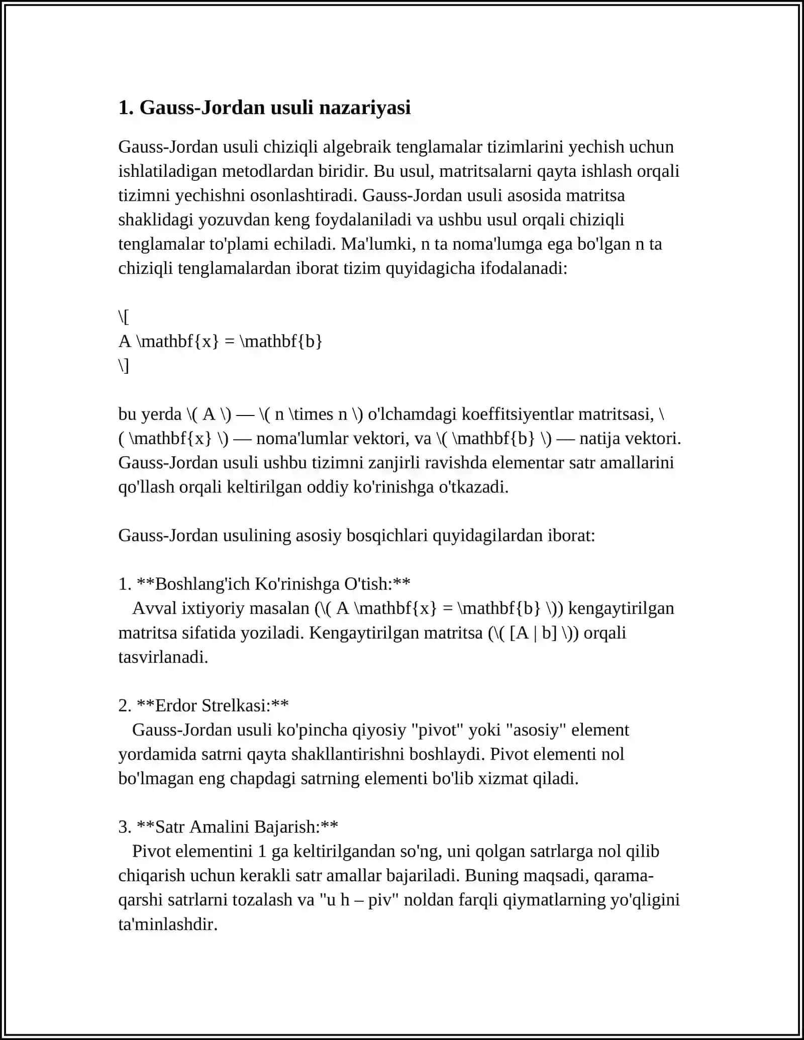CHIZIQLI ALGEBRIK TENGLAMALAR SISTEMASINI YECHISHNING GAUSS-JORDAN USULI 3