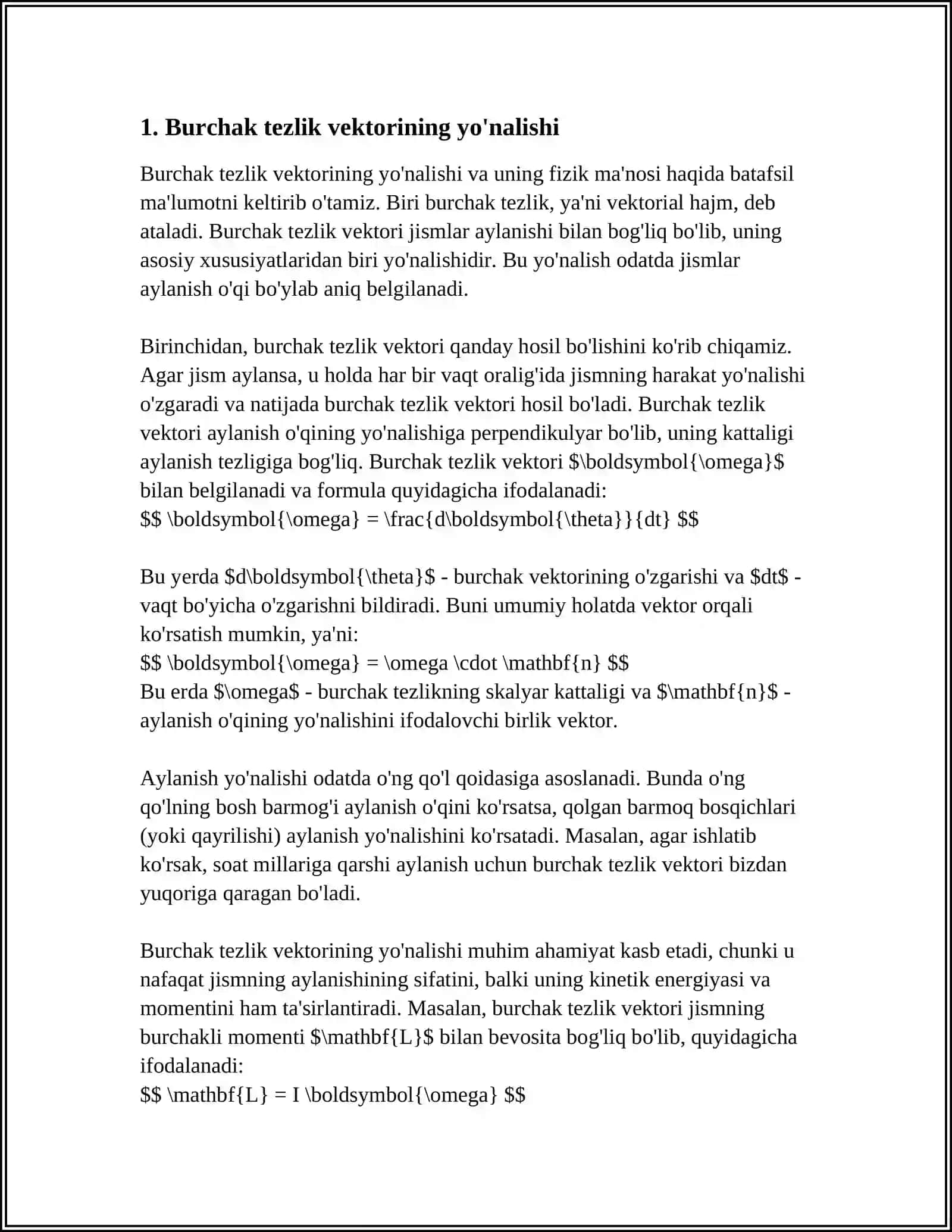 QATTIQ JISM BURCHAK TEZLIK VA BURCHAK TEZLANISHINING VEKTORLIGI 3