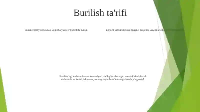 Buralish Deformatsiya.ToʻGʻRi ToʻRtburchak Sterjenlarning Erkin Va Erkin BoʼLmagan Buralishi.Buralishda Kuchlanganlik Va Deformatsiya Holatlarining Tahlili 3