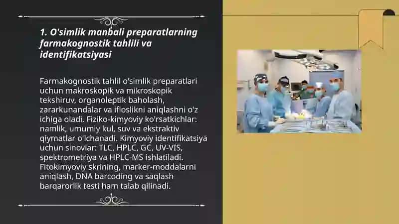 Tibbiyot va veterinariya tibbiyotiga oid ósimlik, hayvonot va sun’iy sintetik yol bilan olinadigan farmatsevtik preparatlarning tahlili, ishlatilishi,qadoqlanishi,farmakologik ta'siri 3