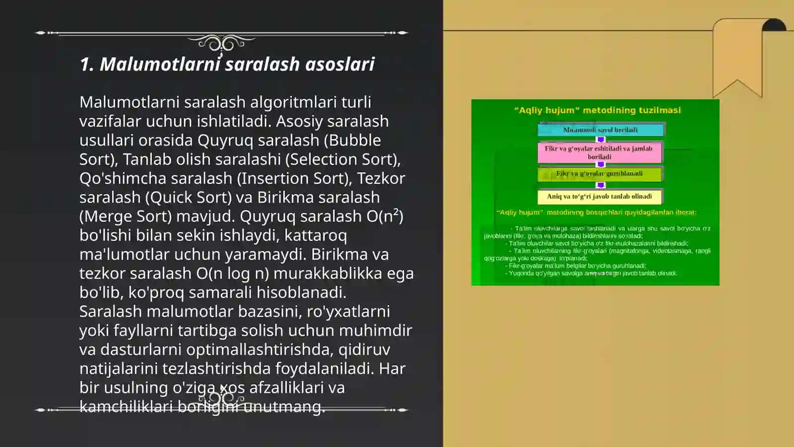 Malumotlarni saralaw usullarini tasnifi mavzusi 3