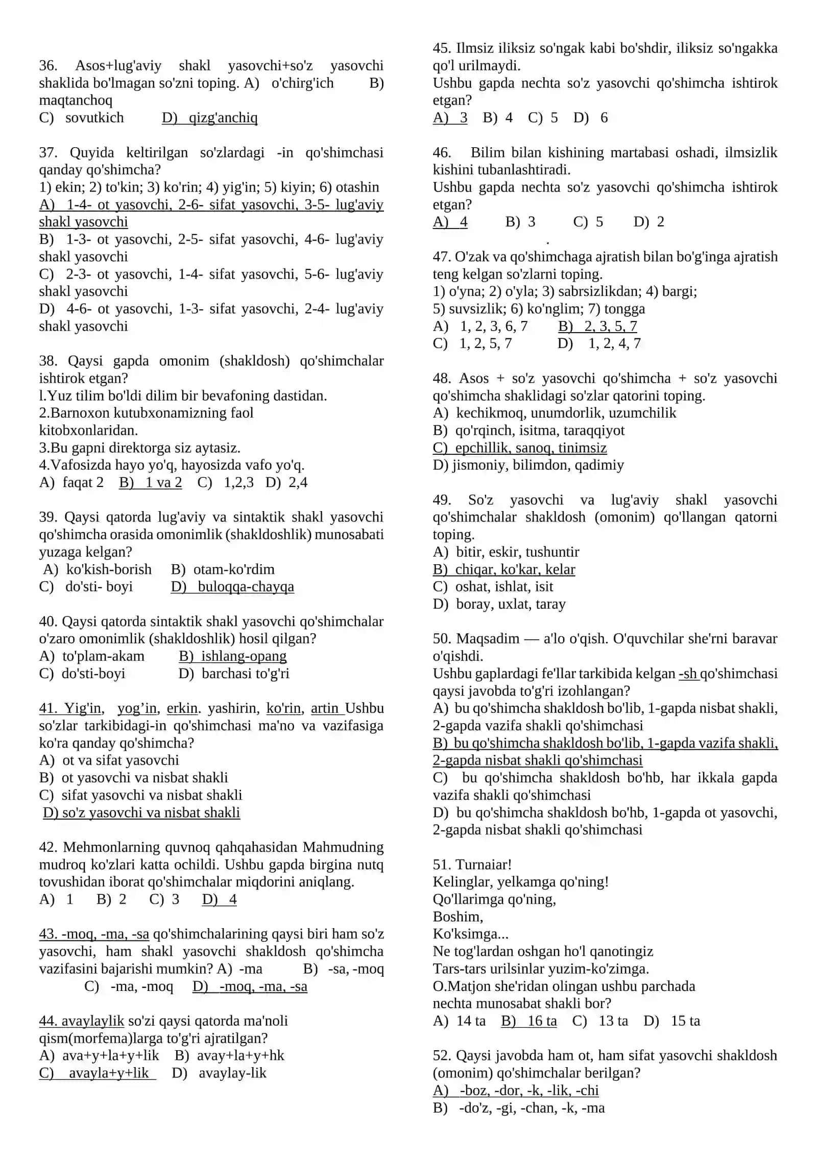 So’z tarkibi (asos va qo’shimchalar) testlar 3