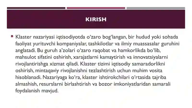 O’zbekistonda klaster nazariyasi va amaliyoti. Paxta tozalash va to’qimachilik sanoatida klaster 3
