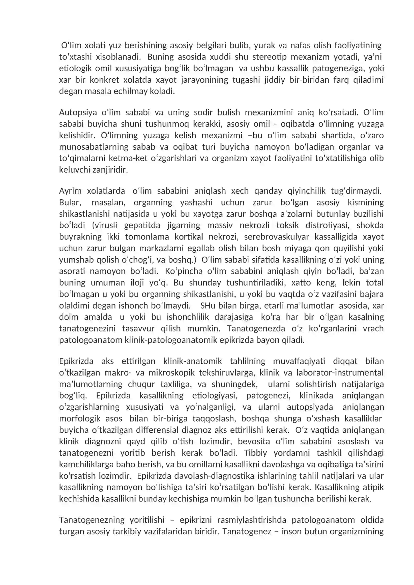 Patologik anatomiya xizmatini tashkil etishning qoidalari va uning O‘zbekiston Respublikasi sog‘liqni saqlash tizimida tutgan axamiyati. Kasalliklarni patologoanatomik jihatdan tekshirish va aniqlash usullari. Autopsiya, biopsiya 3