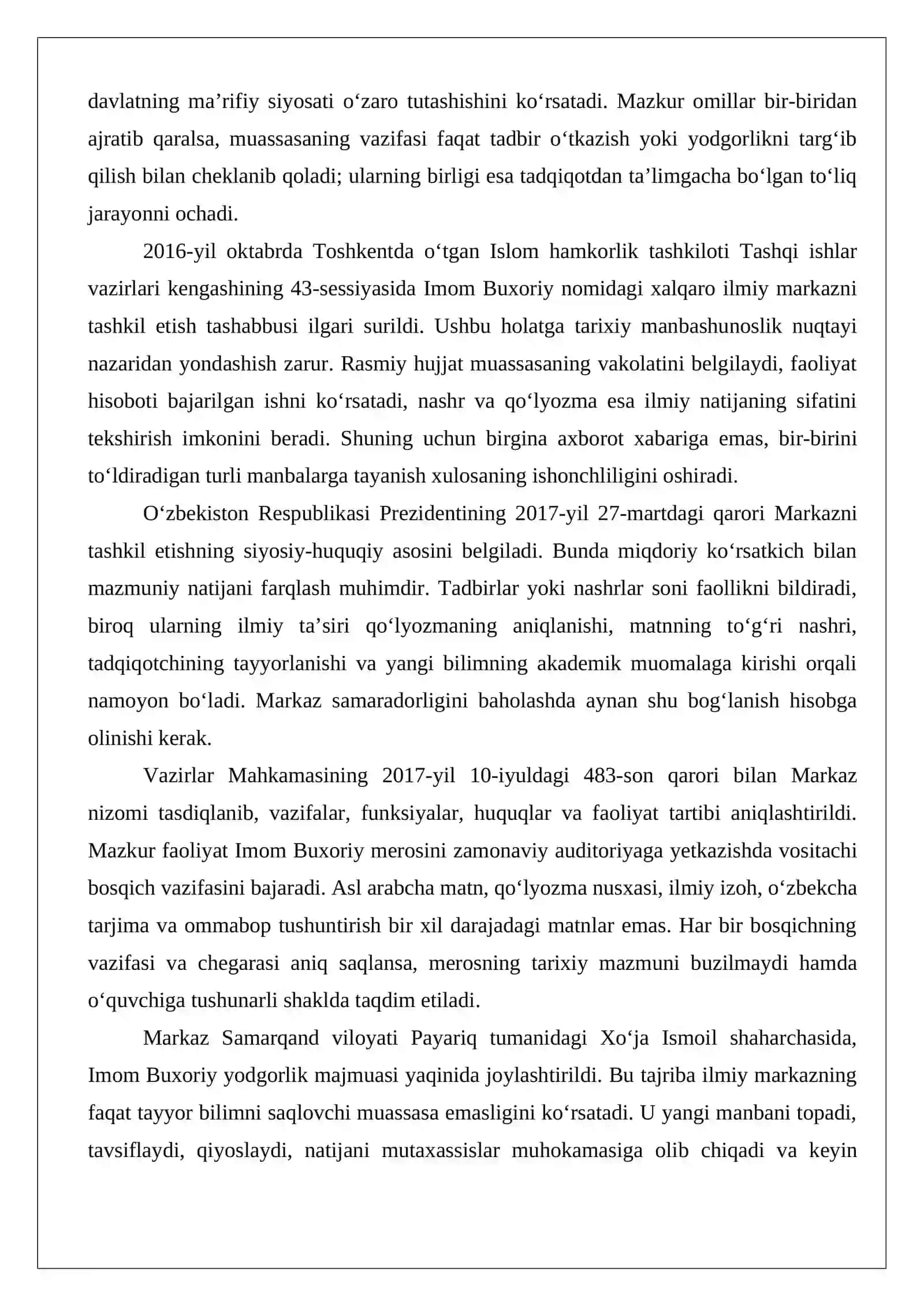 Imom Buxoriy xalqaro ilmiy-tadqiqot markazi faoliyati 3