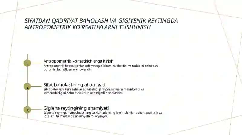 Antropometrik koʻrsatgichlarni aniqlab me'yor bilan taqqoslash va unga gigiyenik baho berish 3