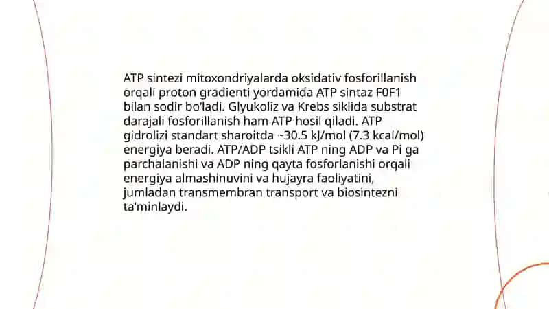 Hujayrada energiya almashinuvi. Malumotlar oqimi Naxalova Odina 3