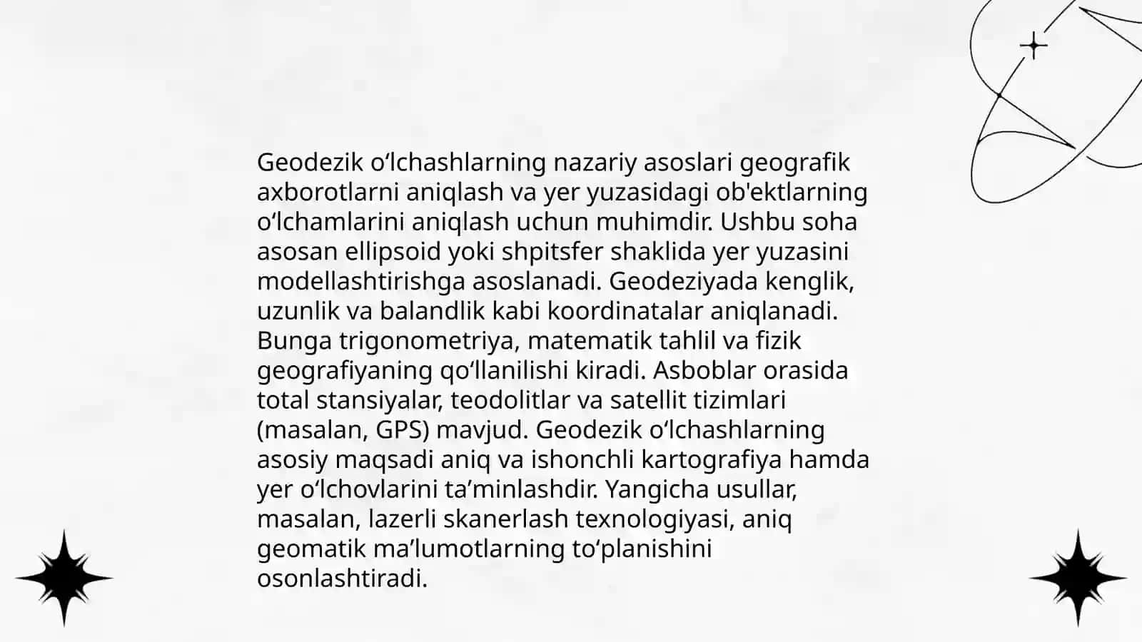 Geodezik oʻlchashlar. Burchak oʻlchash asboblari. Teodolitlarning tuzilishi ularning tekshirish usullari. Gorizantal va vertikal burchaklarni oʻlchash mohiyati 3