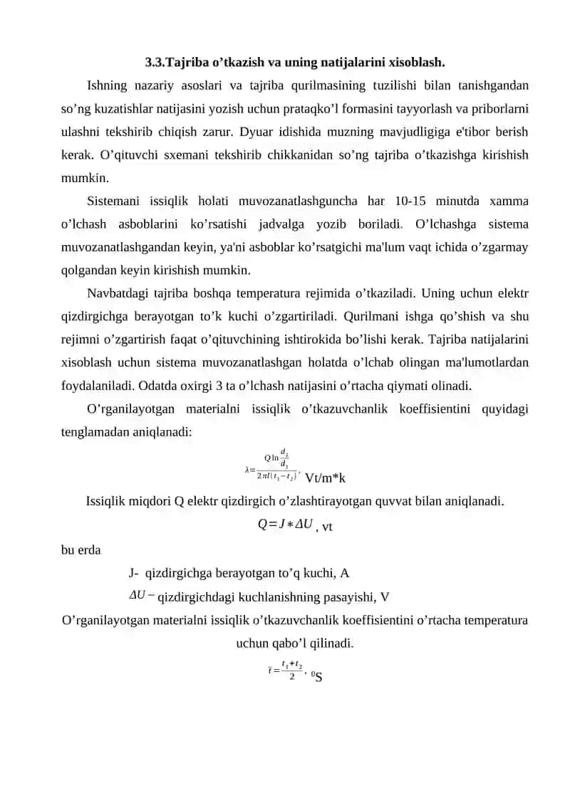 Quvur shaklidagi izolyatsion materiallarning issiqlik o’tkazuvchanlik koeffitsiyentini aniqlash 3