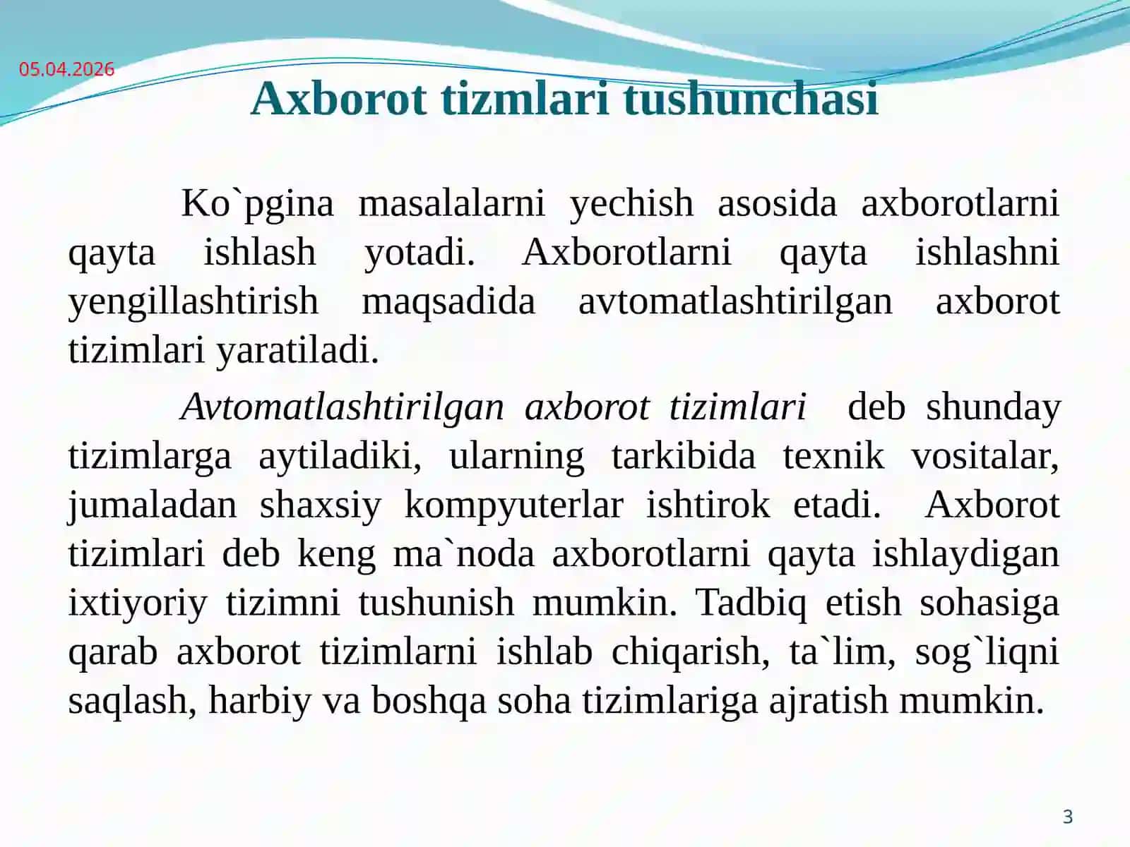Avtomatlashtirilgan axborot tizmlari 3