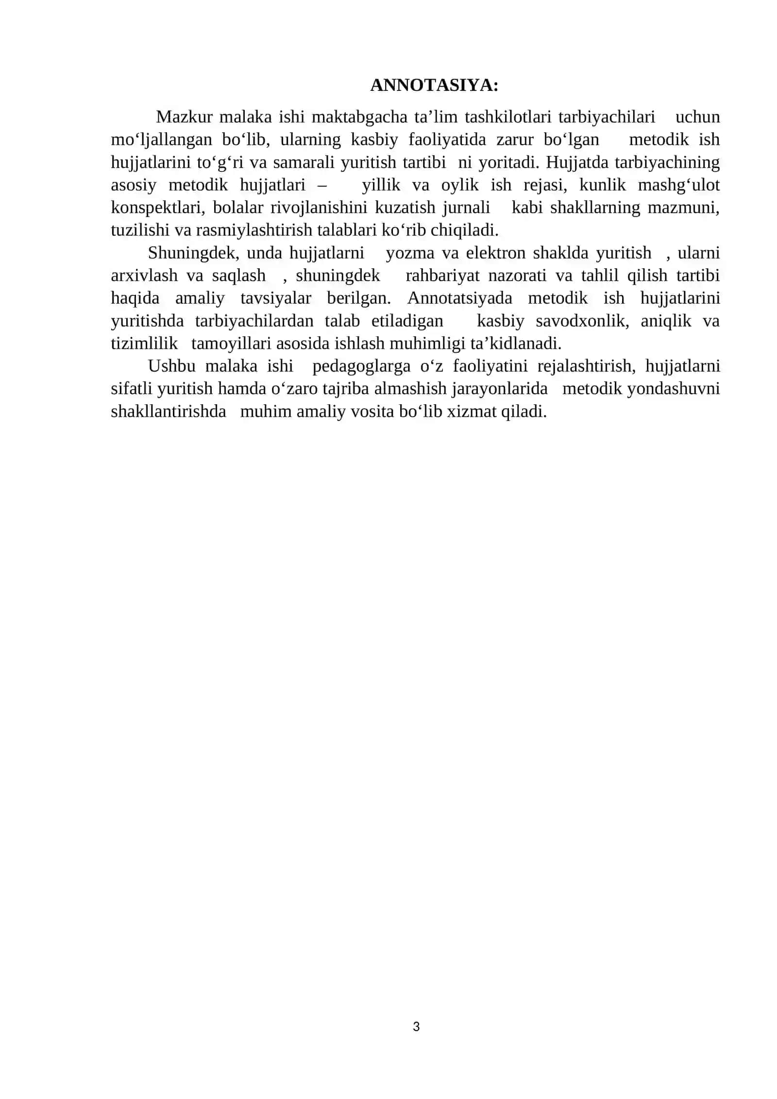 “Maktabgacha talim tashkiloti tarbiyachisining metodik ish hujjatlarini yuritish tartibi” mavzusidagi Malaka ishi 3