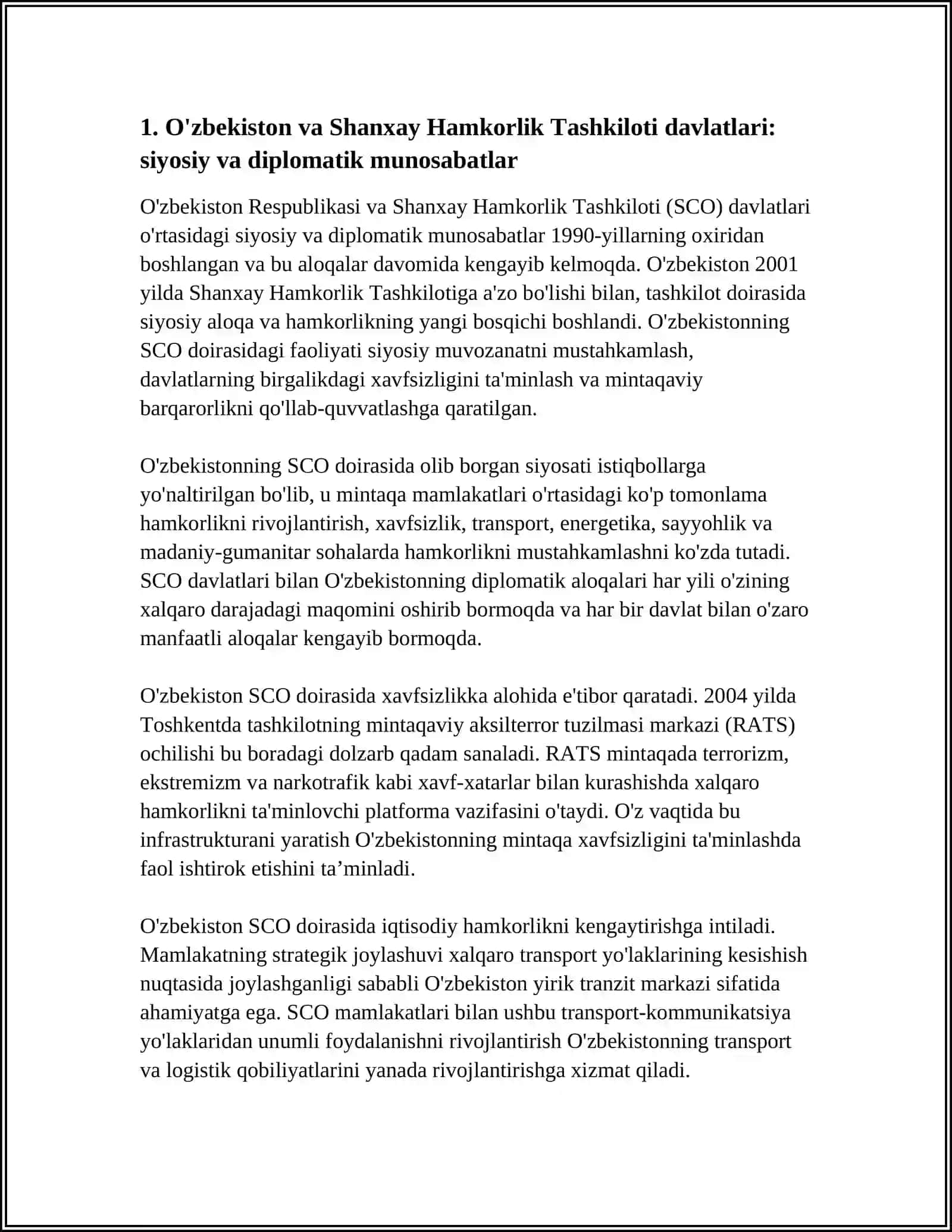O'zbekiston va Shanxay Hamkorlik Tashkiloti davlatlari: siyosiy va diplomatik munosabatlar 3