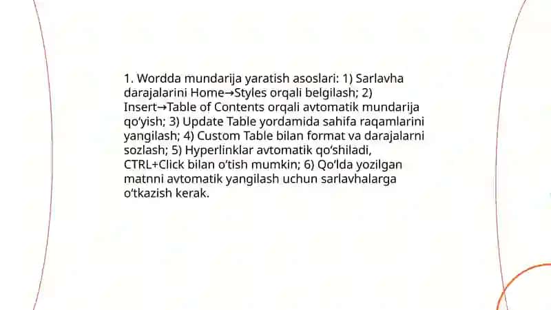 Word Dasturida Mundarija va Havolalarni Ishlash 3