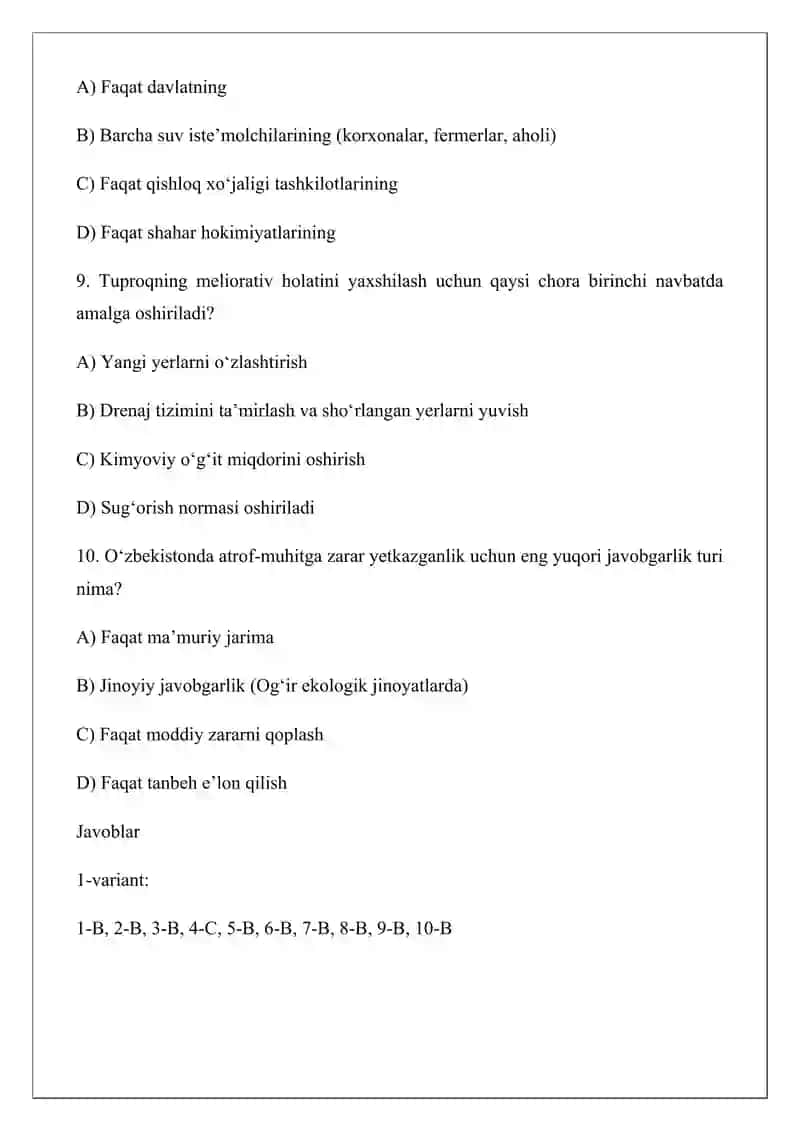 Yer va suv resurslarini muhofaza qilish talablari bo‘yicha test savollari 3