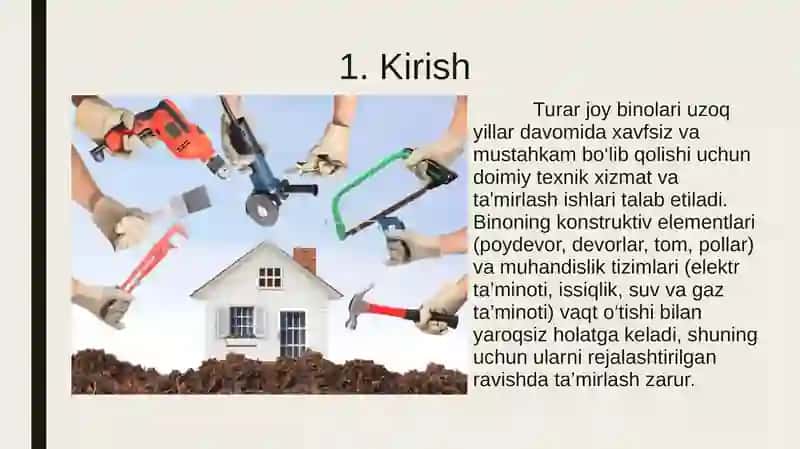 Turar joy binolarining konstruktiv elementlari va muhandislik jihozlarini tamirlash 3