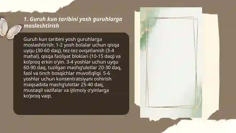 Maktabgacha ta'limdagi guruhning kun taribini to'g'ri joylashtirish 3