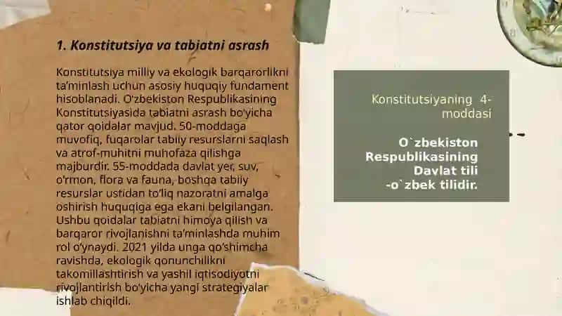 Konstitutsiyaning qaysi moddalarda tabiatni asrashga doir qonunlarni o'rganish 3