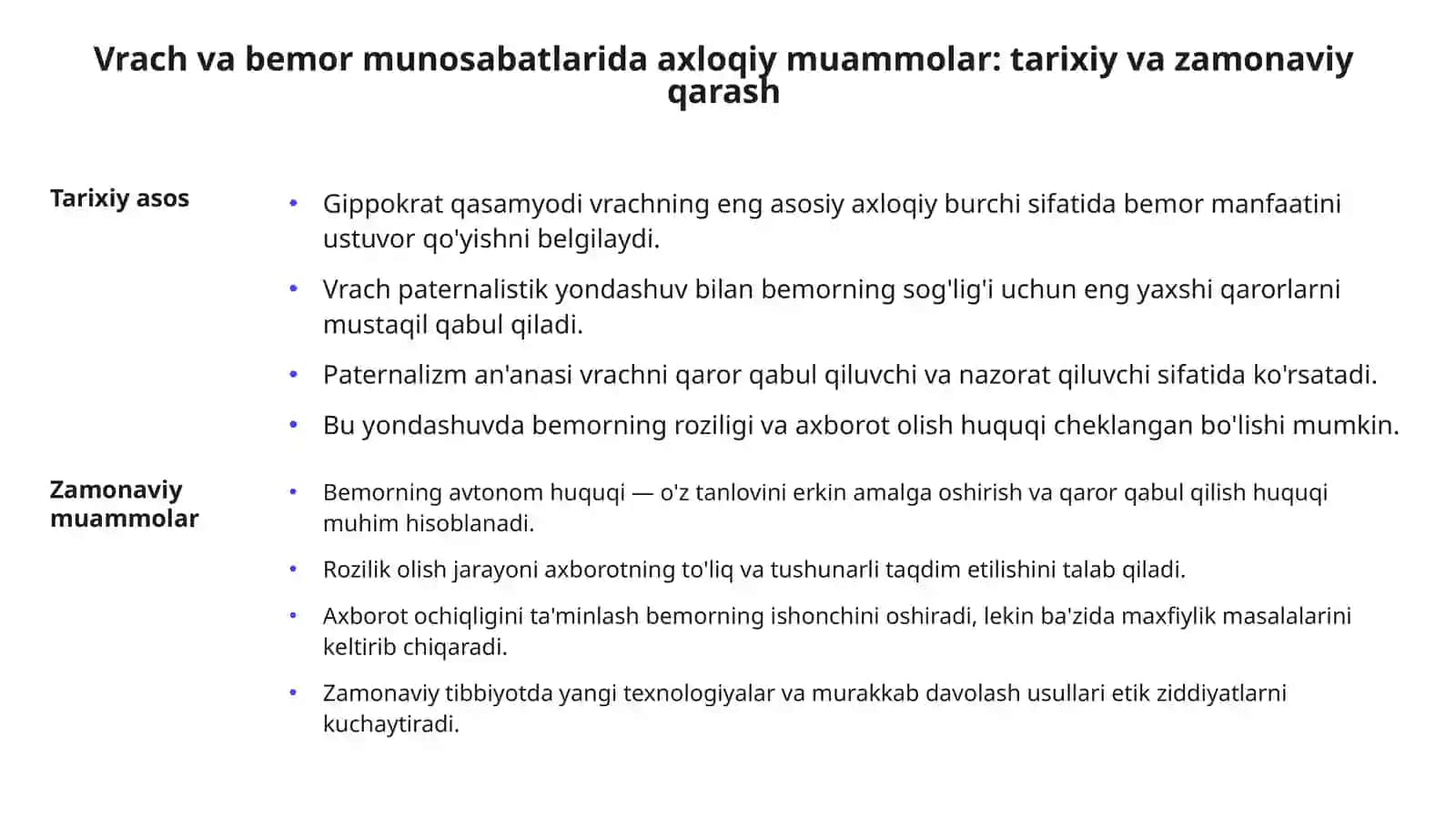 Tibbiyot fani va amaliyotining rivojiga bog lig vrach va bemormunosabatlaridagi axloqiy muammolar. R. Vitch, T. Shash va M. Xollender, E.Emanuel va L. Emanuel bo'yicha vrach va bemor munosabatlarining etikmodellari. Hamshira va bemor munosabatlarining xususiyatlari. Sh. Smit modeli. Klinik xavf masalalari. Klinik xavf tushunchasi. Klinik xavf holatlarining axloqiy va huquqiy jihatlari Tibbiyot muassasalarida tibbiy yordam ko'rsatilishi xavfsizligini ta'minlash muammosi va uning ahamiyati 3