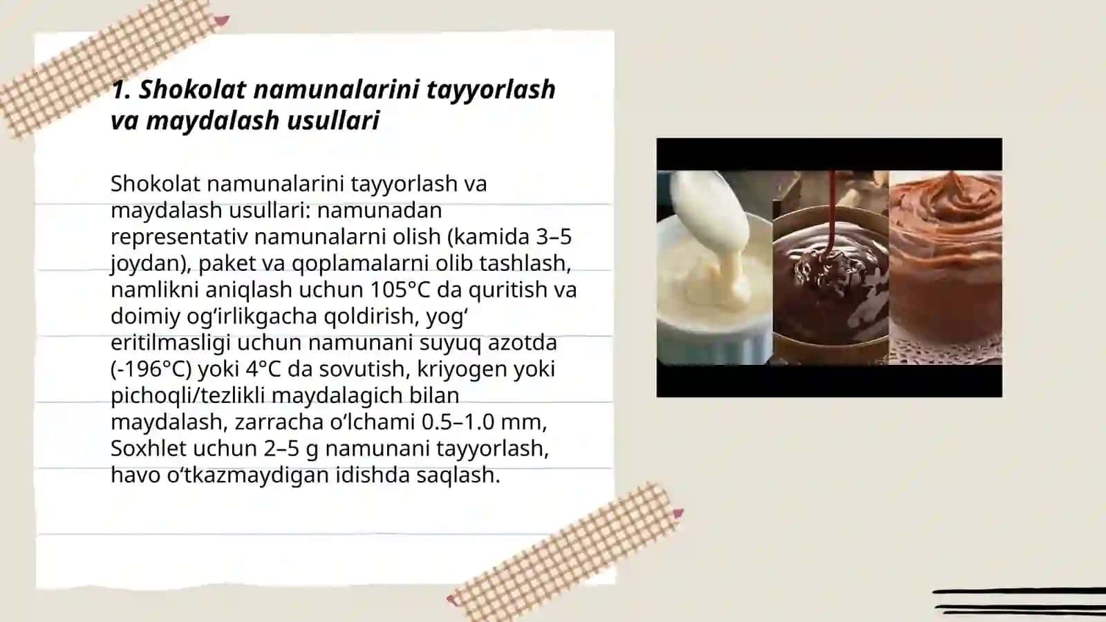Shokolat mahsulotlarida yog’ miqdorini aniqlash Sokslet ekstraksiya usuli 3