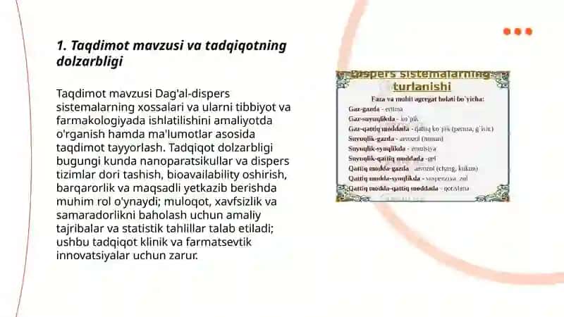 Dag'al-dispers sistemalarning xossalari va ularni tibbiyot va farmakologiyada ishlatilishini amaliyotda o'rganish 3