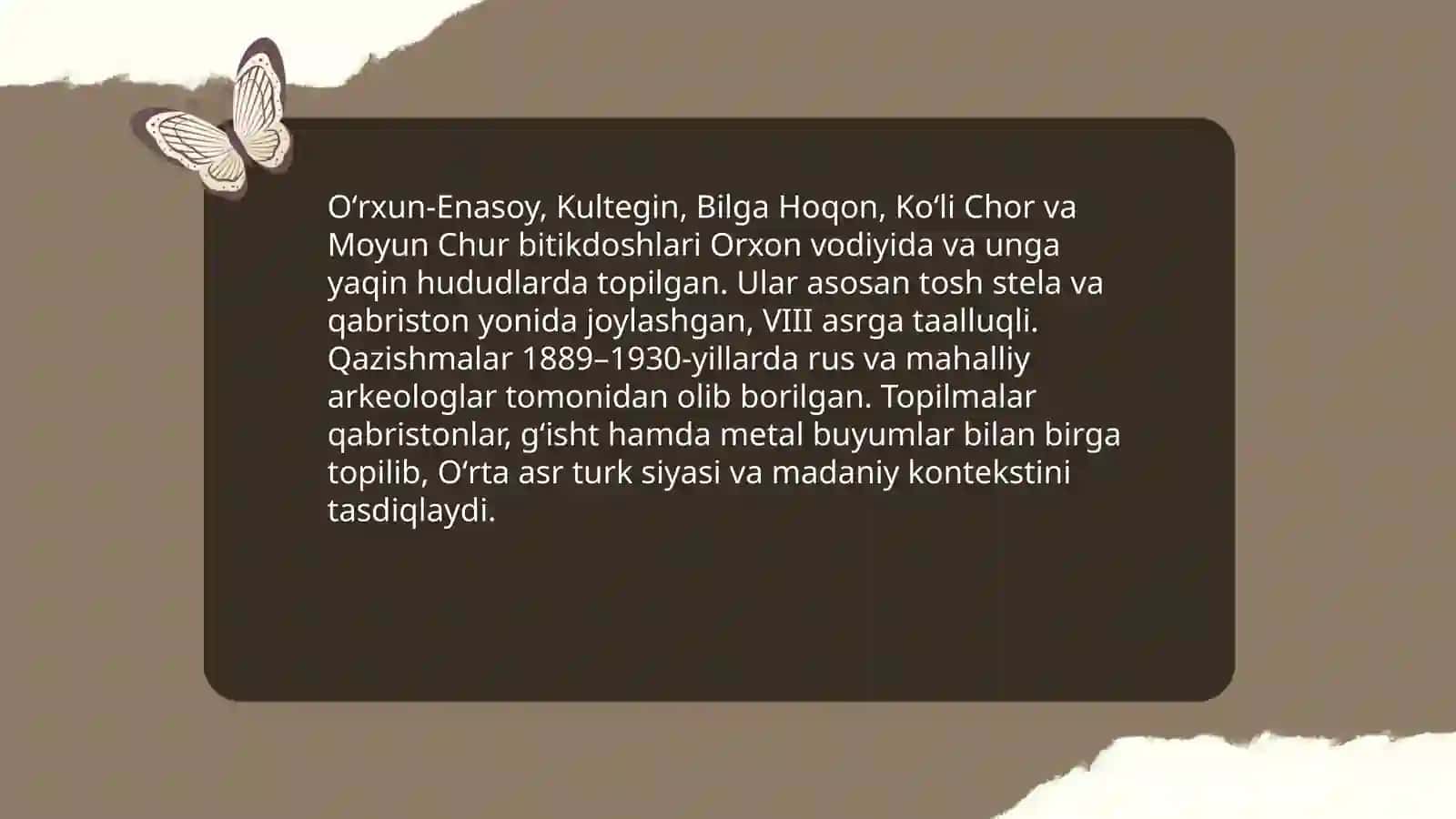 Qadimiy “Oʻrxun Enasoy”, “Kultegin”, “Bilga Hoqon”, “Koʻli chor” va “Moyun chur” bitikdoshlari 3