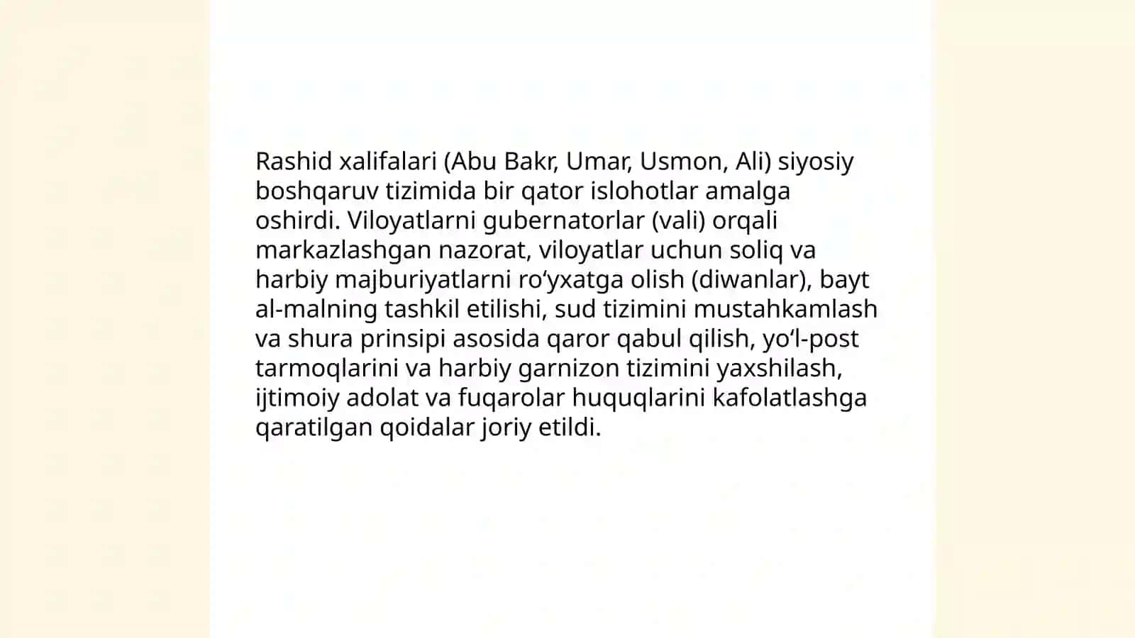Rashid xalifalar hukumronligi davridagi islohotlarning mohiyati 3