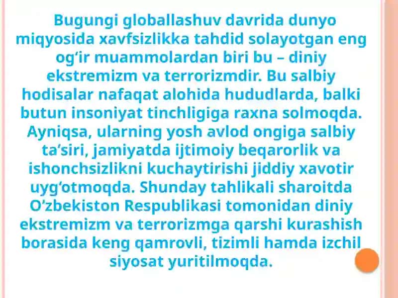 "O‘zbekistonning diniy ekstremizm va terrorizmni oldini olish va unga qarshi kurash borasida olib borayotgan siyosatning mohiyati" 3
