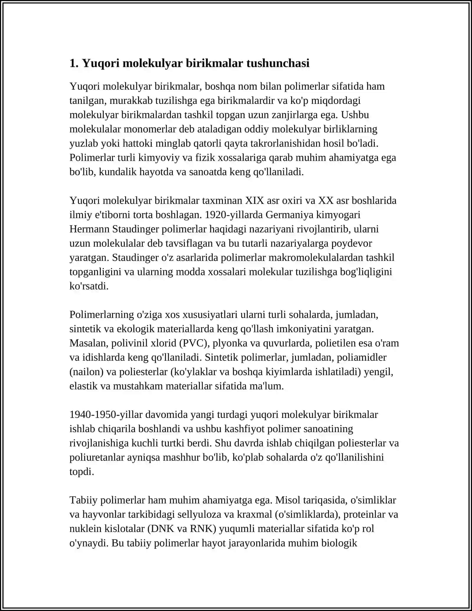 YUQORI MOLEKULYAR BIRIKMALARNING MOLEKULYAR MASSASI MAKROMOLEKULA POLIMER ZANJIRI 3