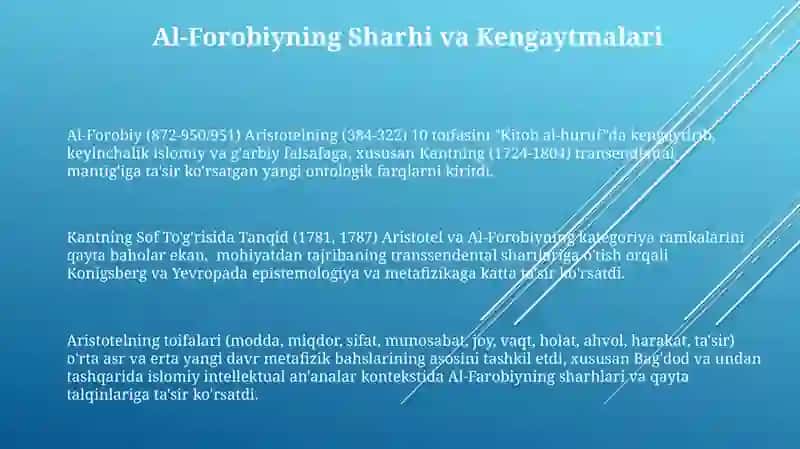 Aristotel, Farabi va Kant Ontologiyasida Kategoriyalarining Tasnifi 3