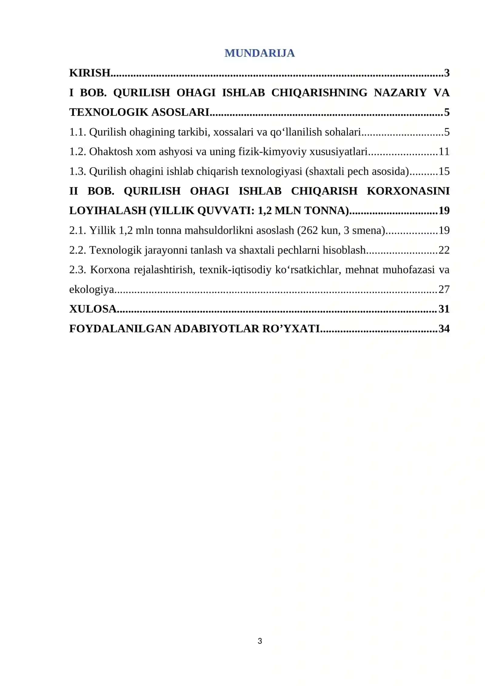 Qurilish ohagi ishlab chiqish korxonasi loyihasi. Yiliga 1.2 mln tonna 3