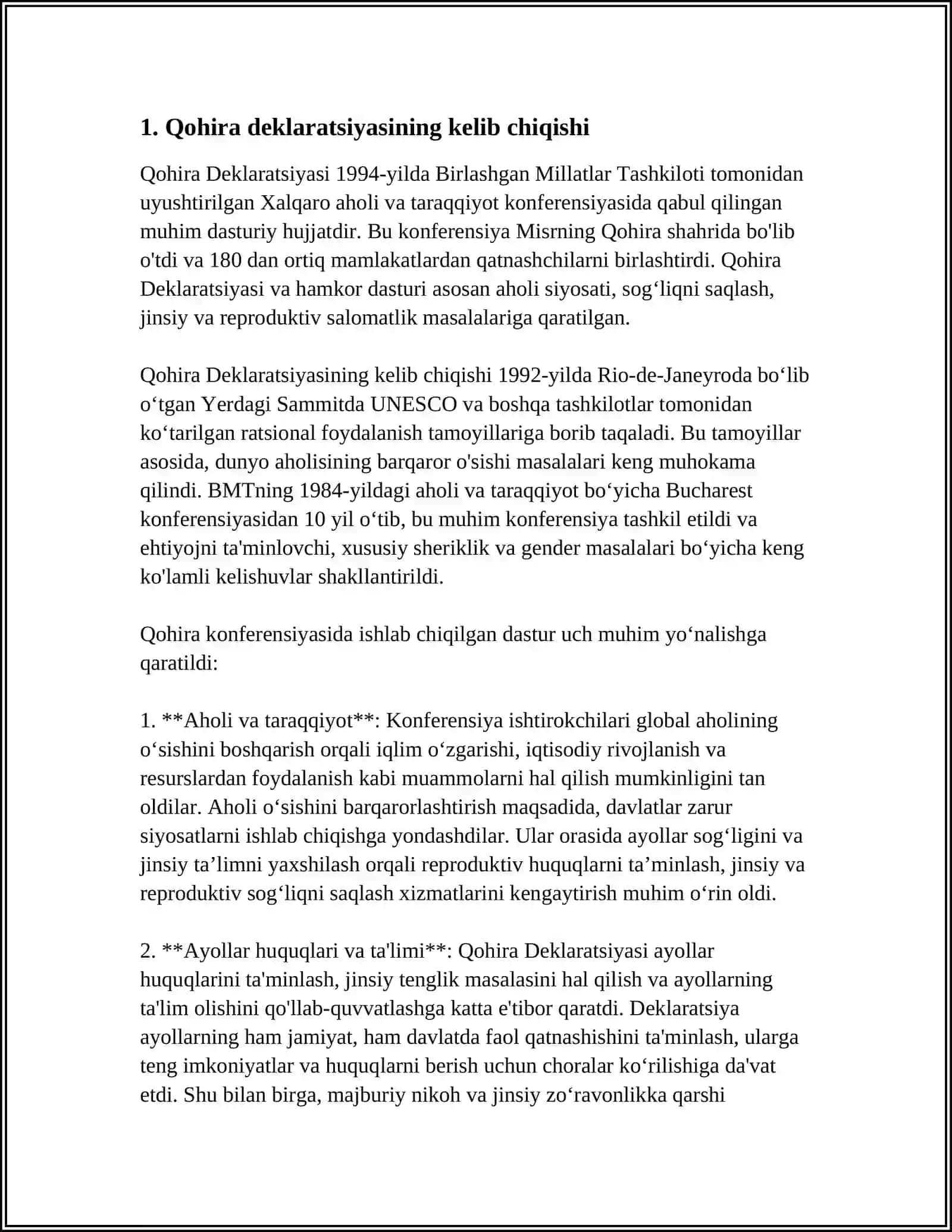 QOHIRA DEKLARATSIYASI TARIXI VA MAZMUNI BORASIDA TAHLILIY MAQOLA TAYYORLASH 3