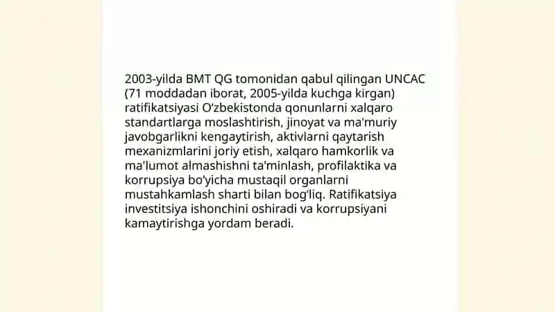 Korrupsiyaga qarshi kurash boʻyicha xalqaro qonunlar va qarorlarning Oʻzbekistonda ratifikatsiya qilishning ahamiyati, iqtisodiy-siyosiy va ijtimoiy huquqiy mexanizmlari 3