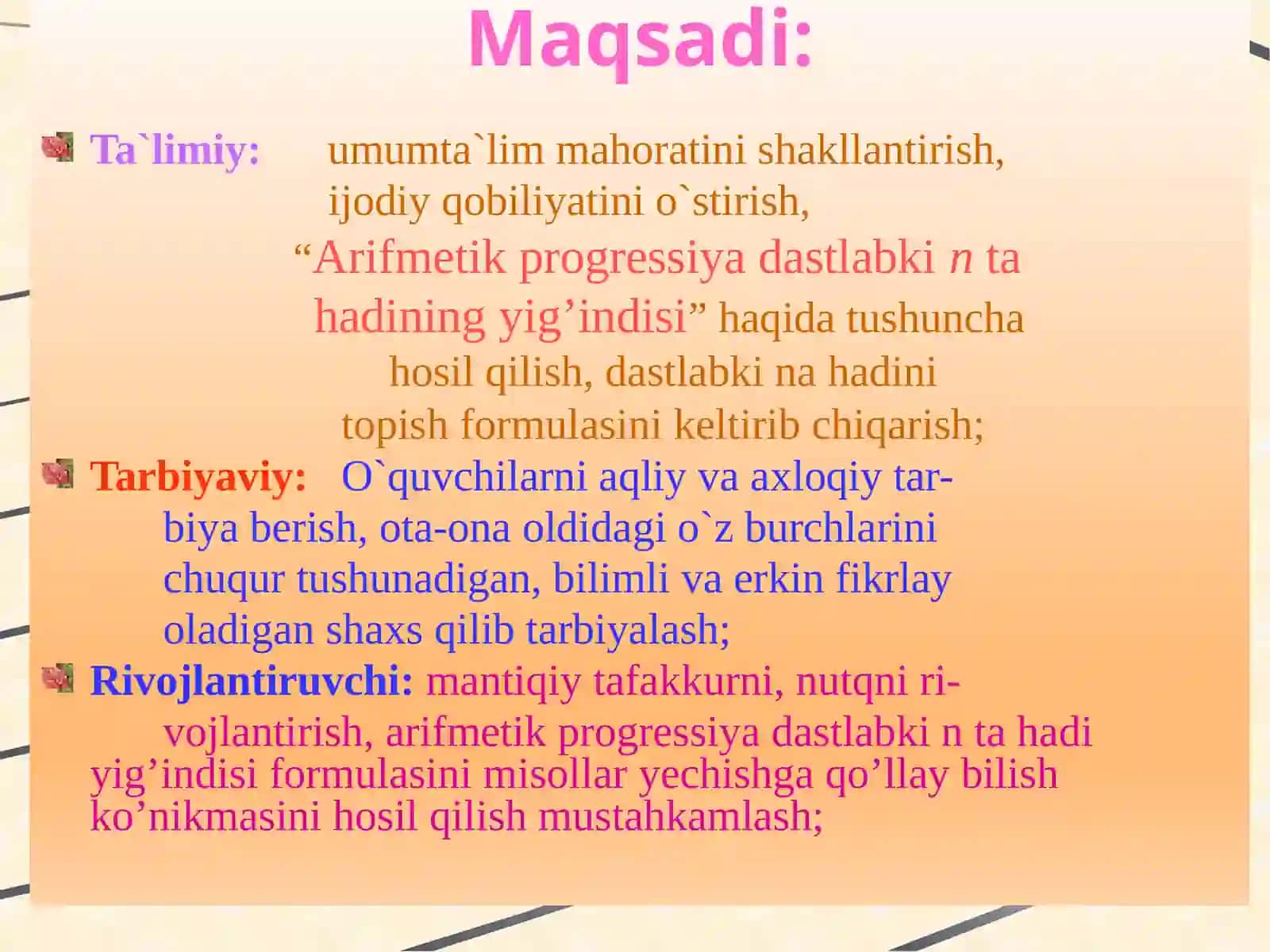 9-sinf Algebra dars ishlanma. Arifmetik progressiyaning dastlabki n ta hadining yig'indisi 3