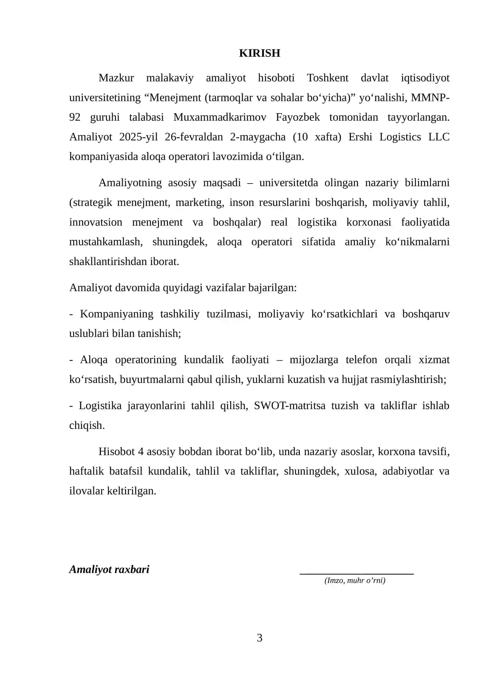 AMALIYOT HISOBOTI. LOGISTIKA FAOLIYAT BOʻYICHA 3