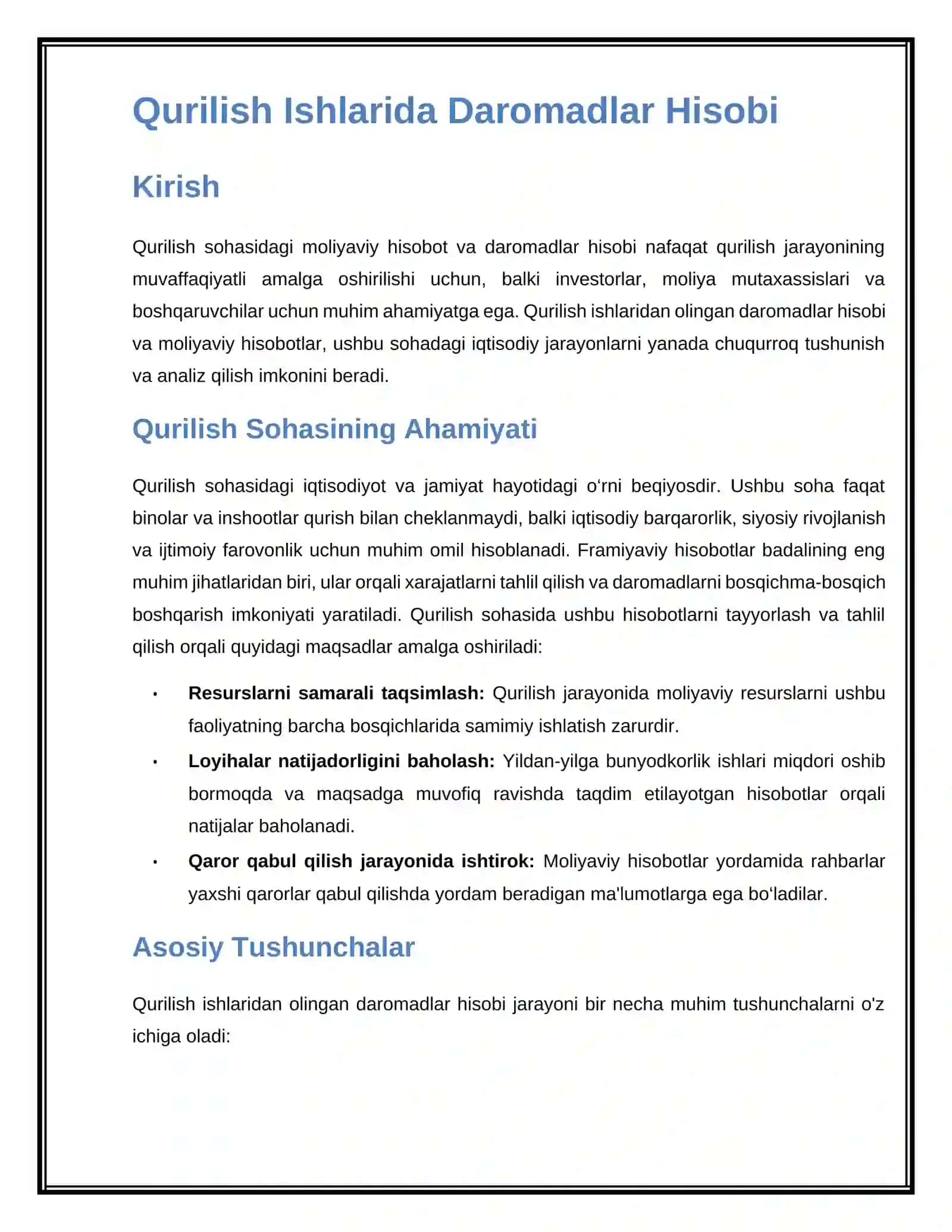 “QURILISH ISHLARINI BAJARISHDAN OLINGAN DAROMADLAR HISOBI VA MOLIYAVIY HISOBOT” 3