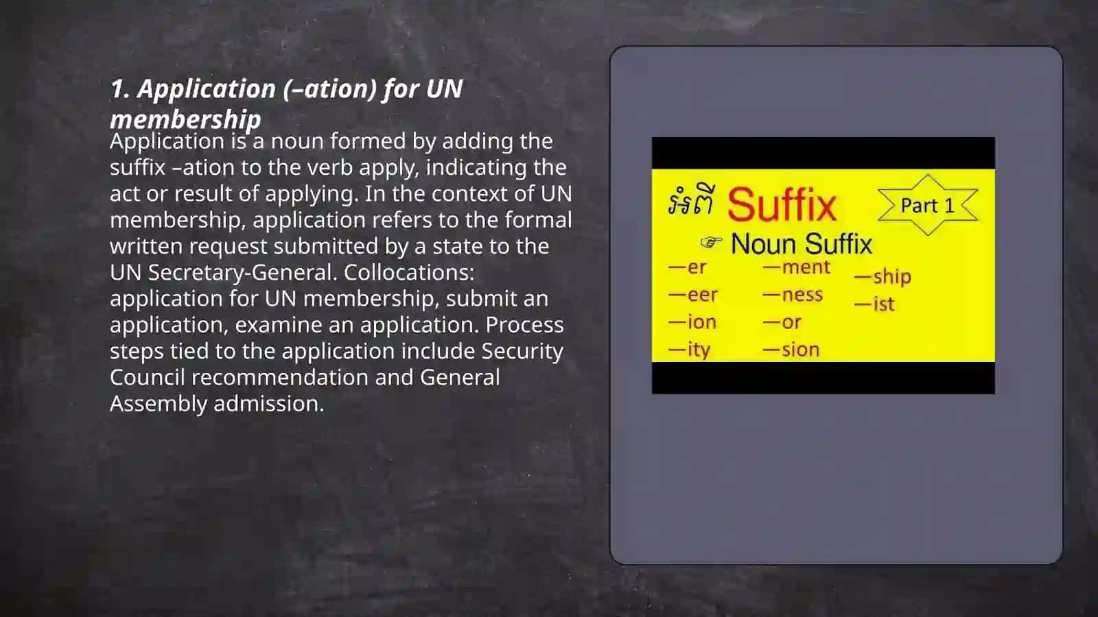 The first steps to the UN. Noun suffixes 3