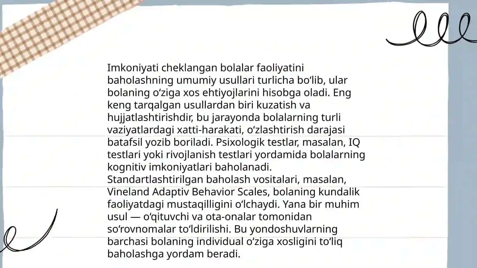 Imkoniyati cheklangan,uzoq muddat davolanishga muhtoj bolalar faoliyatini baholash usullari va vositalari 3
