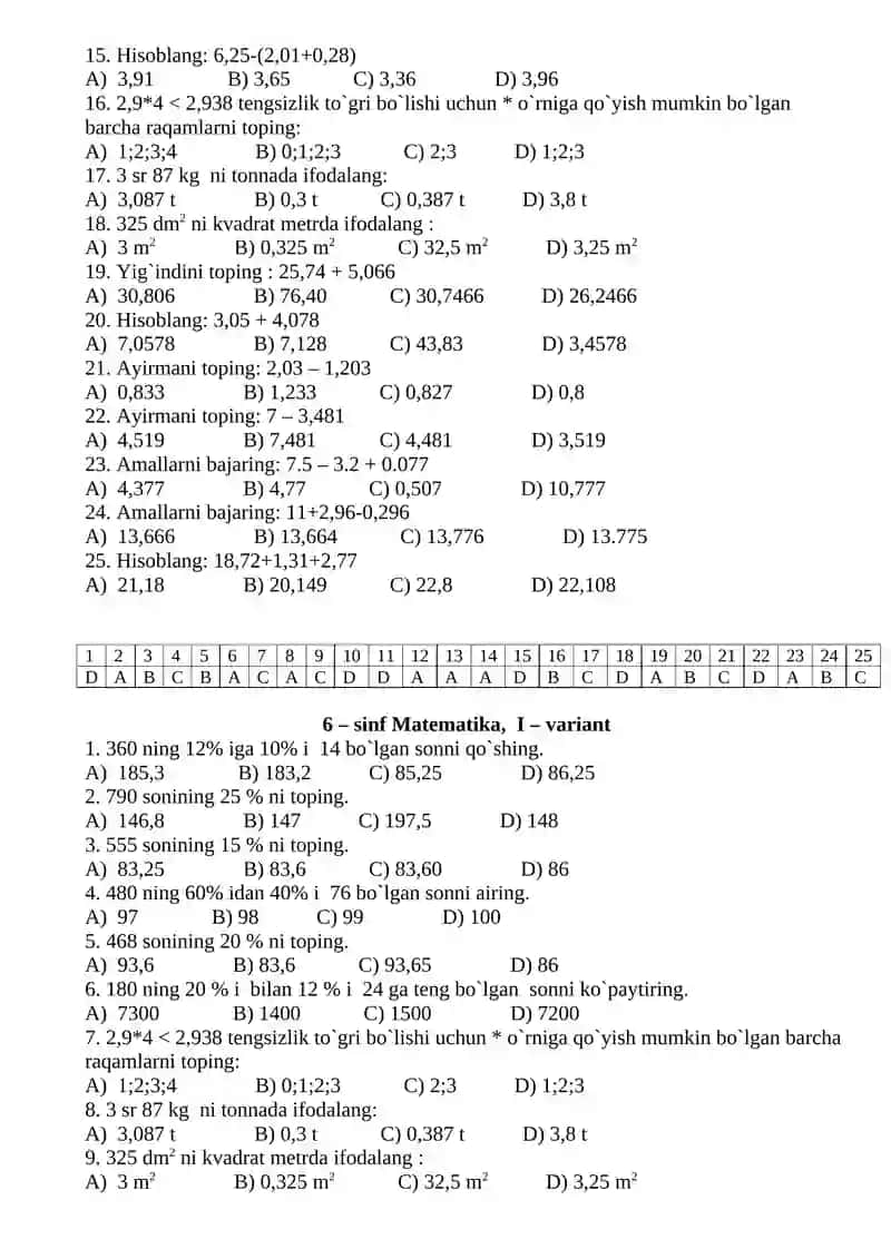 Matematika Sinflarining Test Savollari 3
