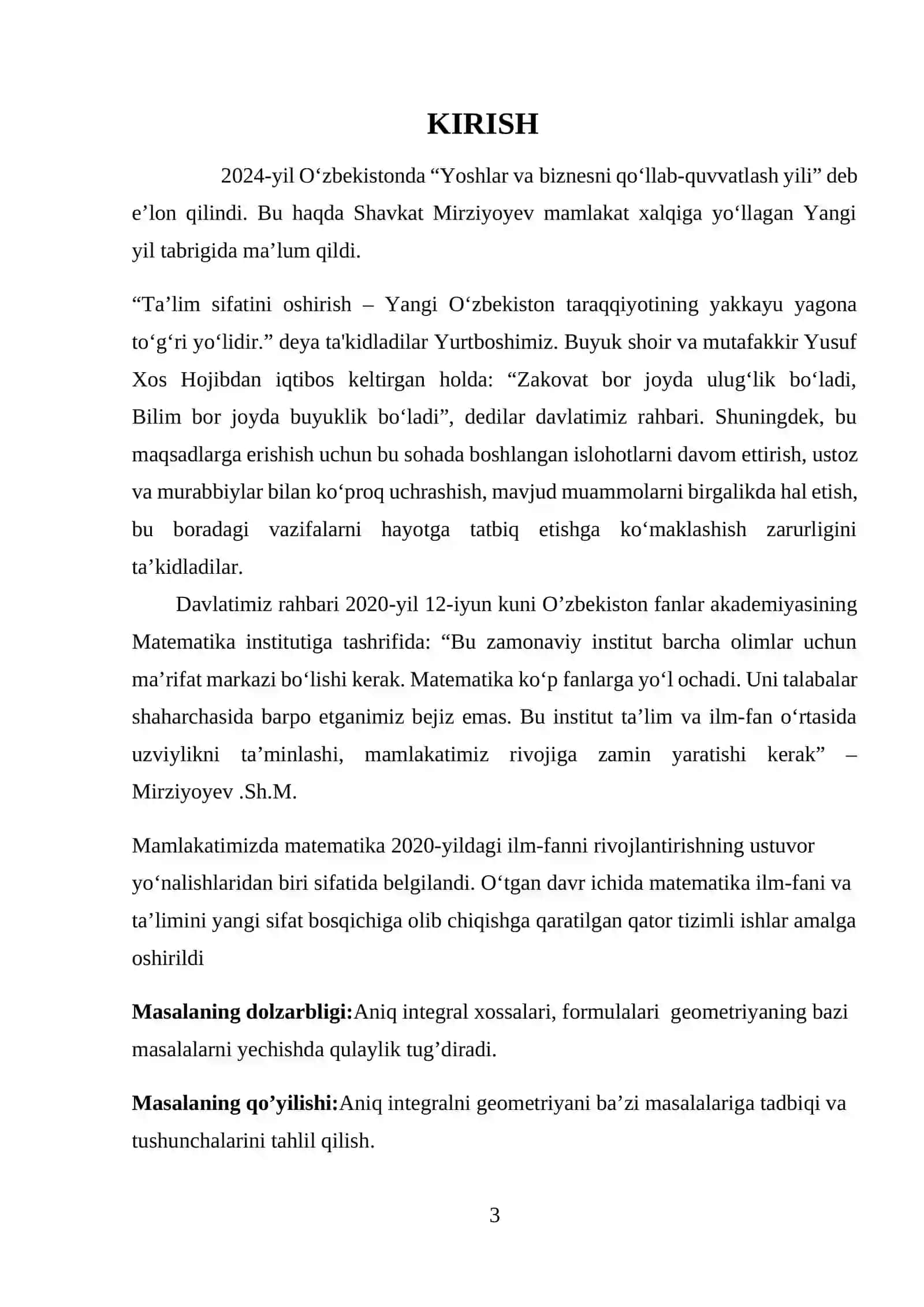 Aniq integralni geometriyaning ba’zi masalalariga tadbiqi 3