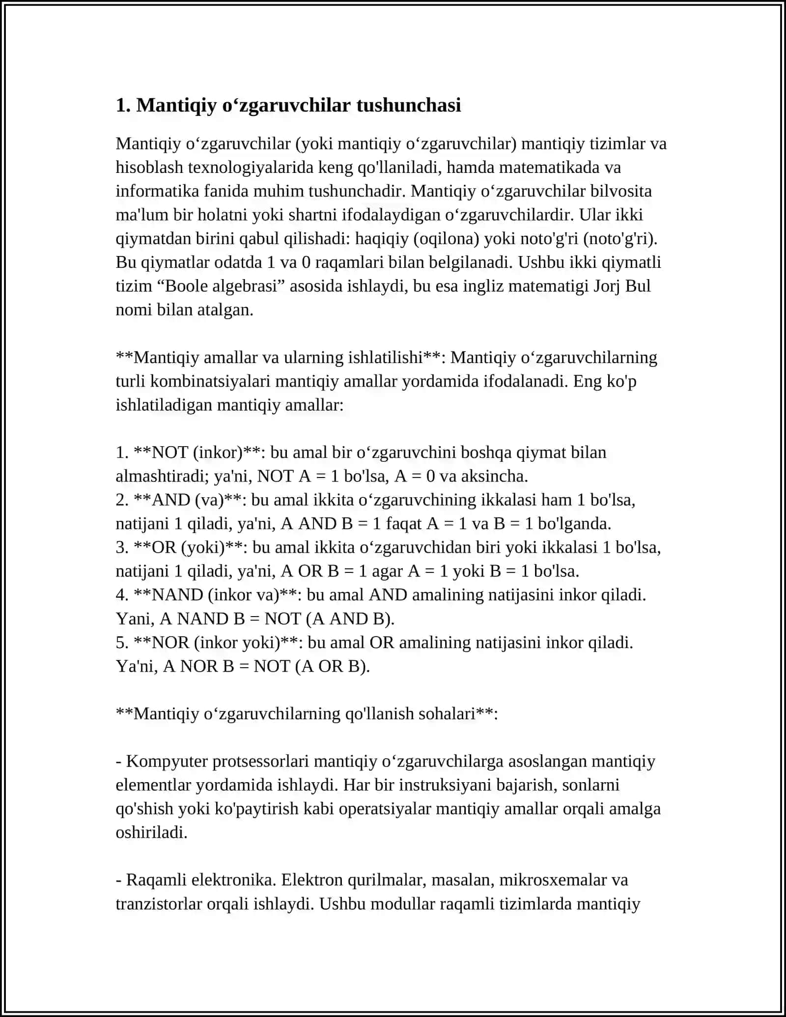 MANTIQIY OʻZGARUVCHILAR VA ELEMENTAR MANTIQIY AMALLAR 3