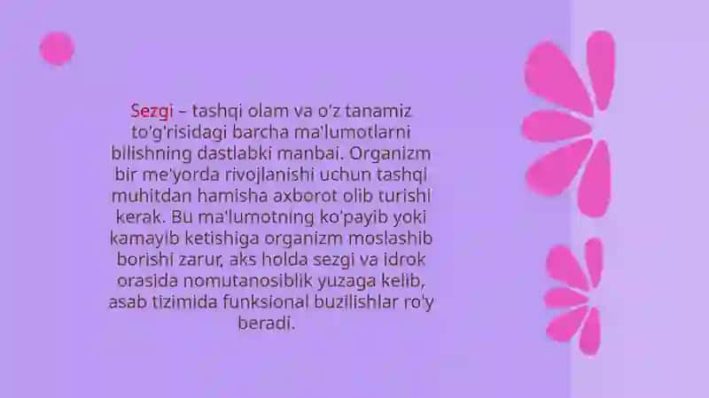 Sezgi. Sezgilarning nerv-fiziologik asoslari. Sezgilar tasnifi va turlari. Idrok haqida tushuncha , idrokning asosiy xossalari va turlari 3
