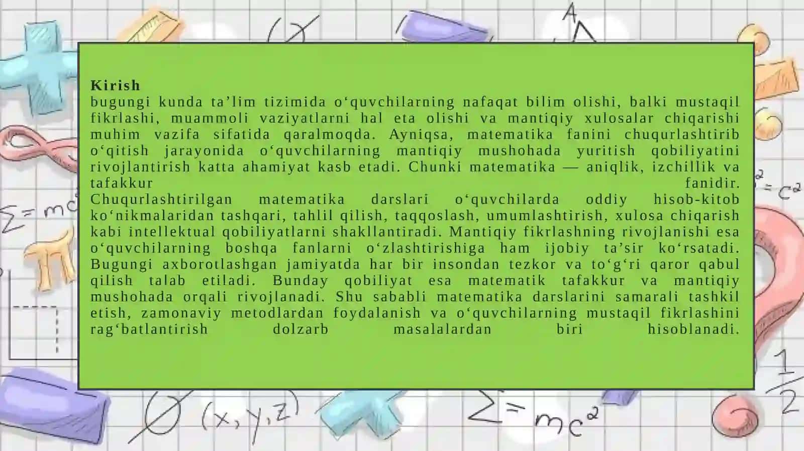 Chuqurlashtirilgan matematik darslarida mantiqiy mushohada yuritishni rivojlantirish 3