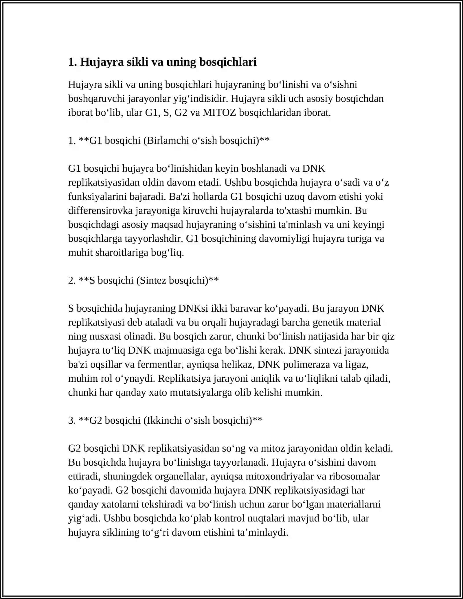 HUJAYRALARNING MITOTIK BO’LINISHI VA HAYOTIY SIKLI. HUJAYRA PROLIFERATSIYASI.HUJAYRANING MEYOTIK BO‘LINISHI. MITOZ VA MEYOZNING PATOLOGIYASI. MEYOZNING BIOLOGIK AHAMIYATI 3